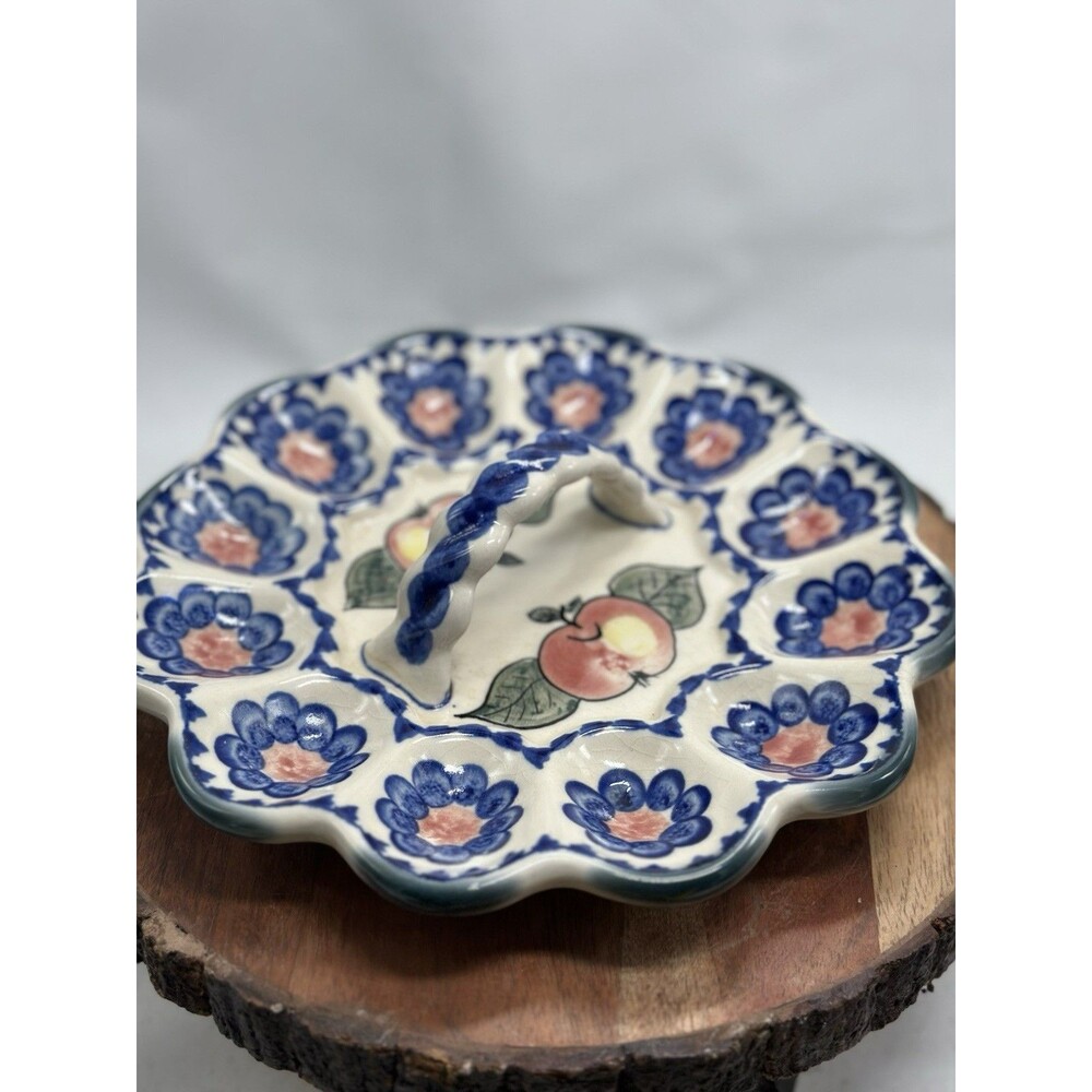 UNIKAT Monika Peacock Polish Pottery Deviled Egg Handled Plate Forget Me Not